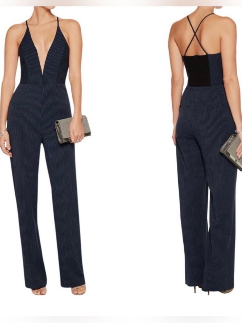 MASON Michelle Mason Navy Pinstripe Deep Plunge Jumpsuit Small US 4